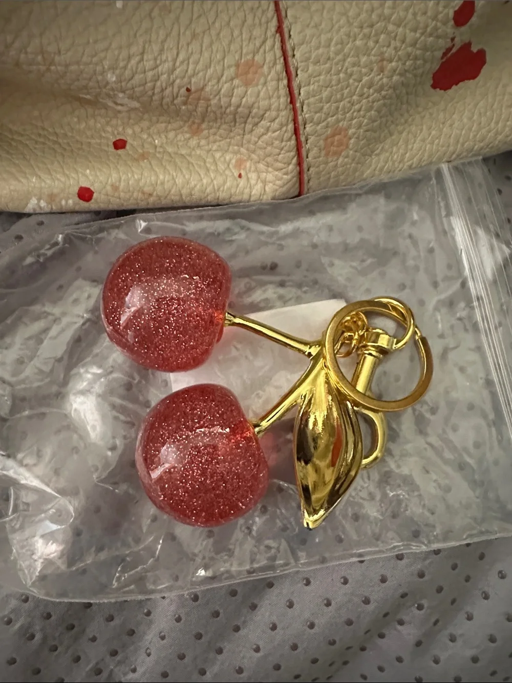 Gold Cherry Keychain with Sparkling Pink Charms